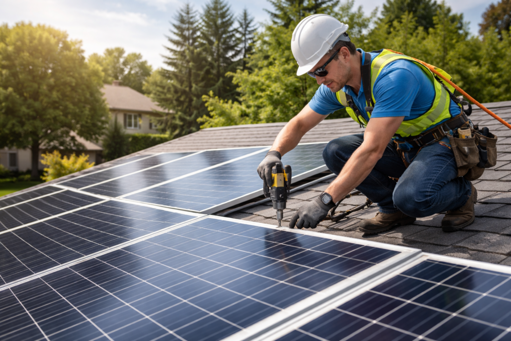 Solar installer securing a panel on a residential roof